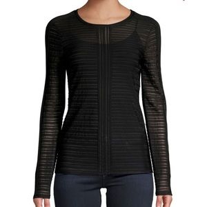 BCBG Black Mesh Crewneck Long Sleeve Top